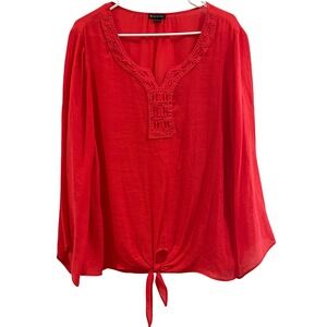 00124 - New Directions Womens L Red‎ Tie Front Crochet Long Sleeve Blouse